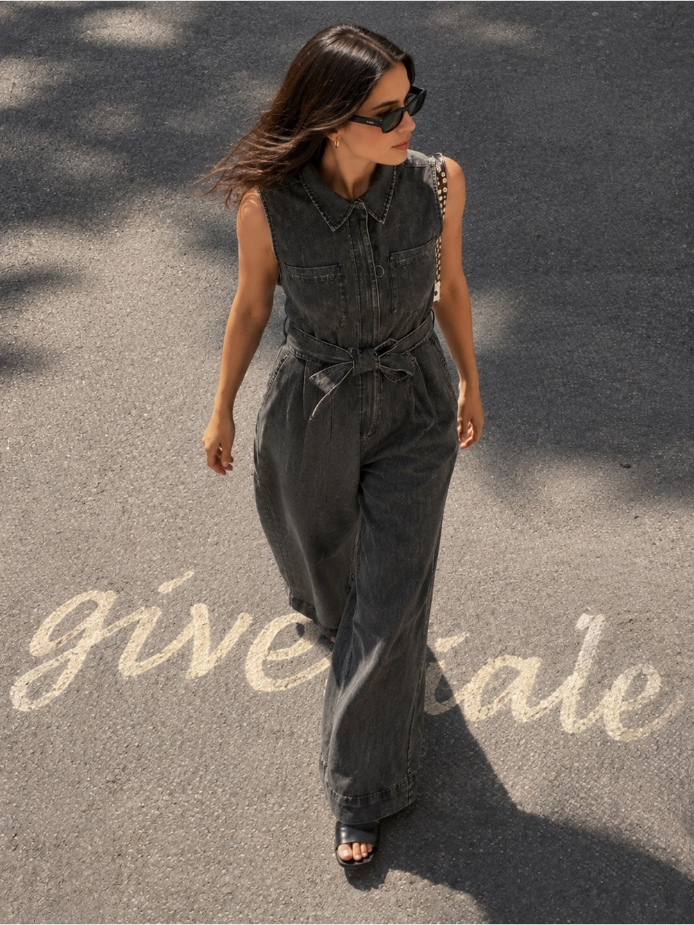 Sleeveless Washed Black Denim Jumpsuit with Tie Waist